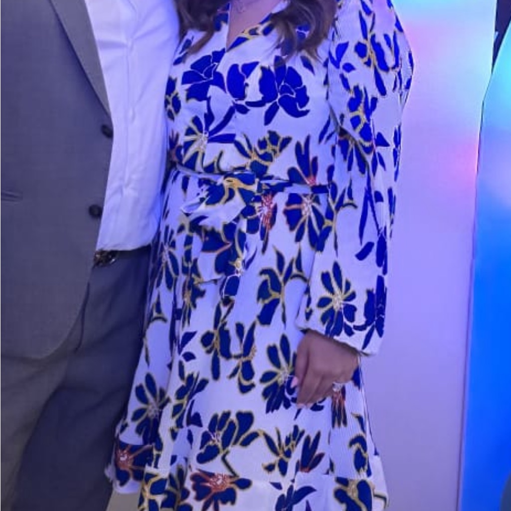 Taylor Blue And White Fit And Flare Dress With Bishop Sleeves